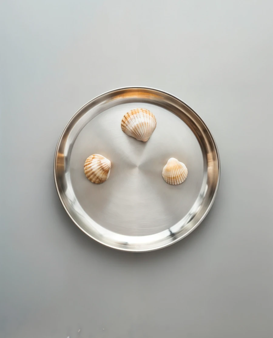 Overhead shot of silver plate with pearl-shaped forms on grey background — AI product advertising photography by SQUAD, Detroit AI Production House