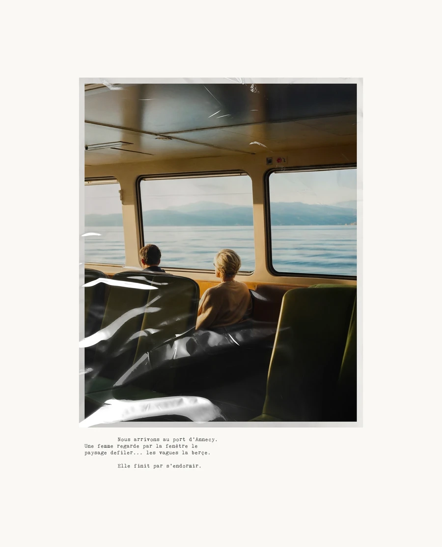 Person looking out of a train window, black-and-white framed print style — AI advertising photography by SQUAD, Detroit AI Production House