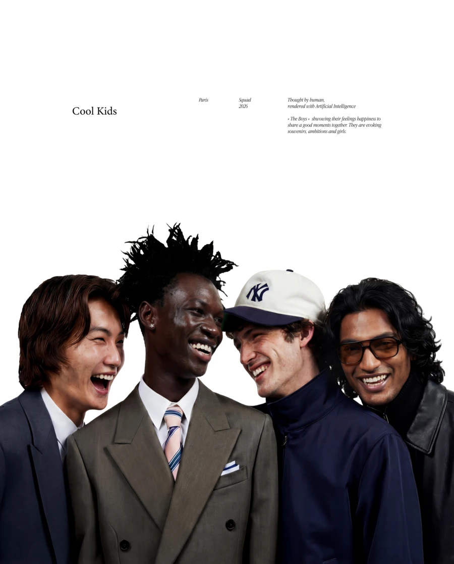 Four men in eclectic suits and hats smiling together, black-and-white group portrait — AI advertising photography by SQUAD, Detroit AI Production House