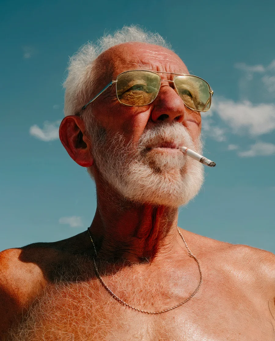 Elderly bald man with white beard and sunglasses smoking, looking up at the sky — AI advertising photography by SQUAD, Detroit AI Production House