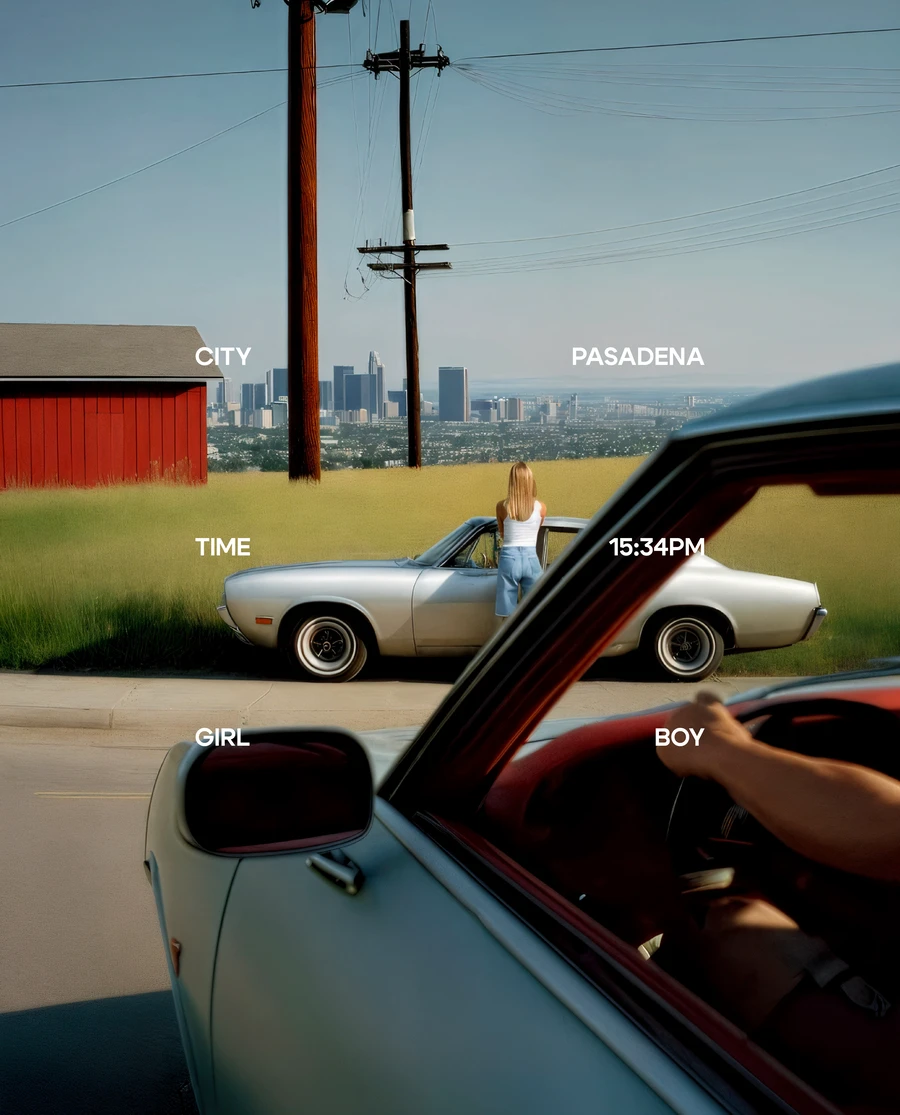 Vintage convertible car parked on rural road with red barn backdrop — AI advertising photography by SQUAD, Detroit AI Production House