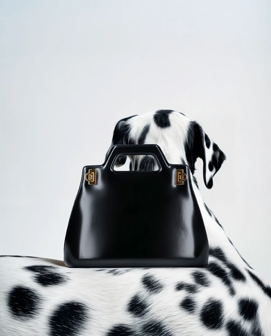 Dalmatian-print handbag on matching spotted surface — AI product advertising photography by SQUAD, Detroit AI Production House