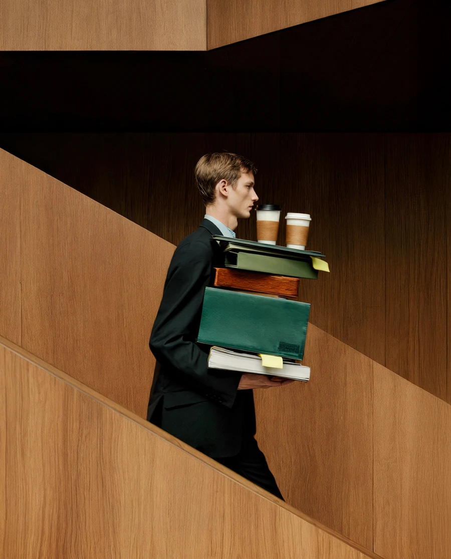 Man in dark suit walking down wooden staircase carrying a bag and drink — AI advertising photography by SQUAD, Detroit AI Production House