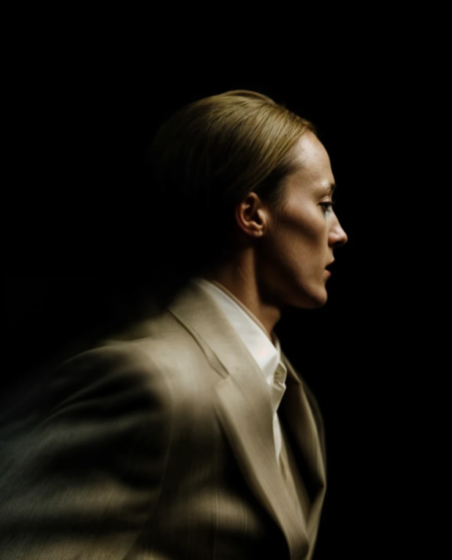 Profile portrait of person in olive suit against black background — AI advertising photography by SQUAD, Detroit AI Production House