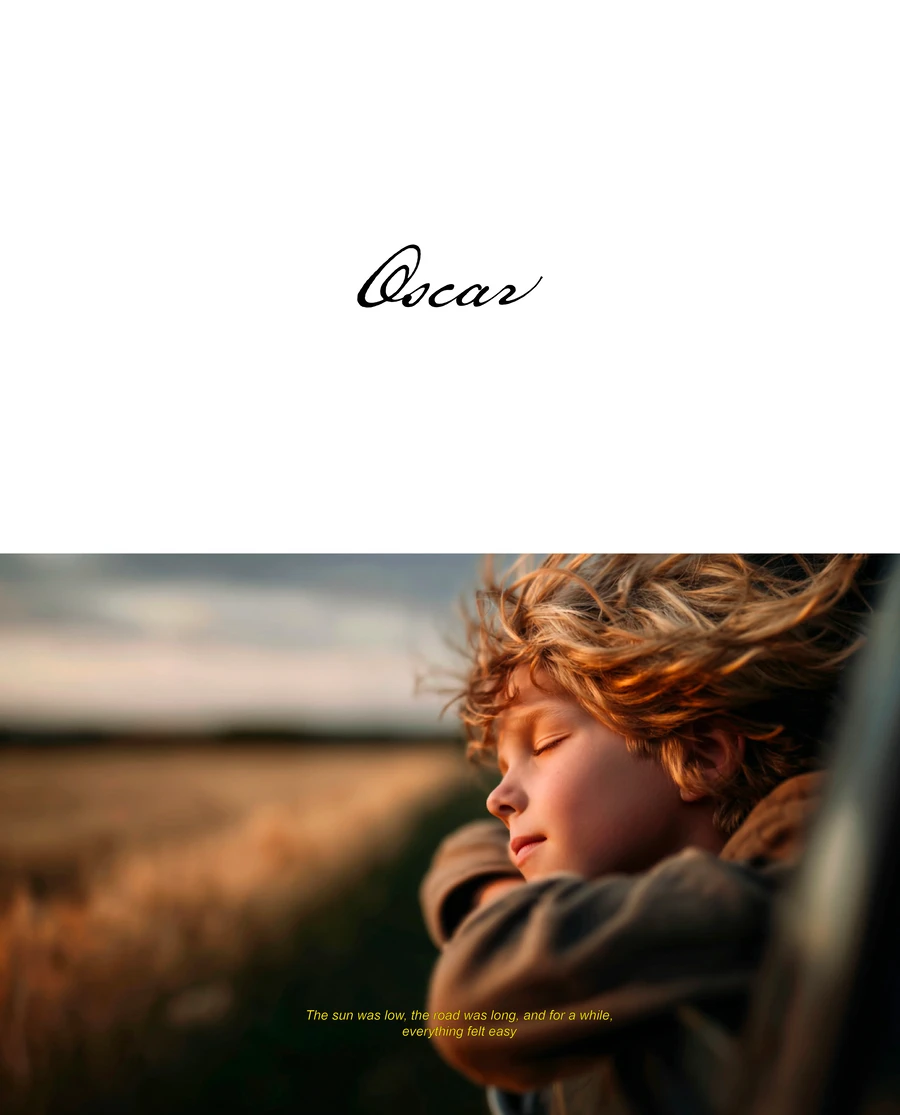 Bocav brand card beside photo of child sleeping in car at sunset — AI advertising photography by SQUAD, Detroit AI Production House