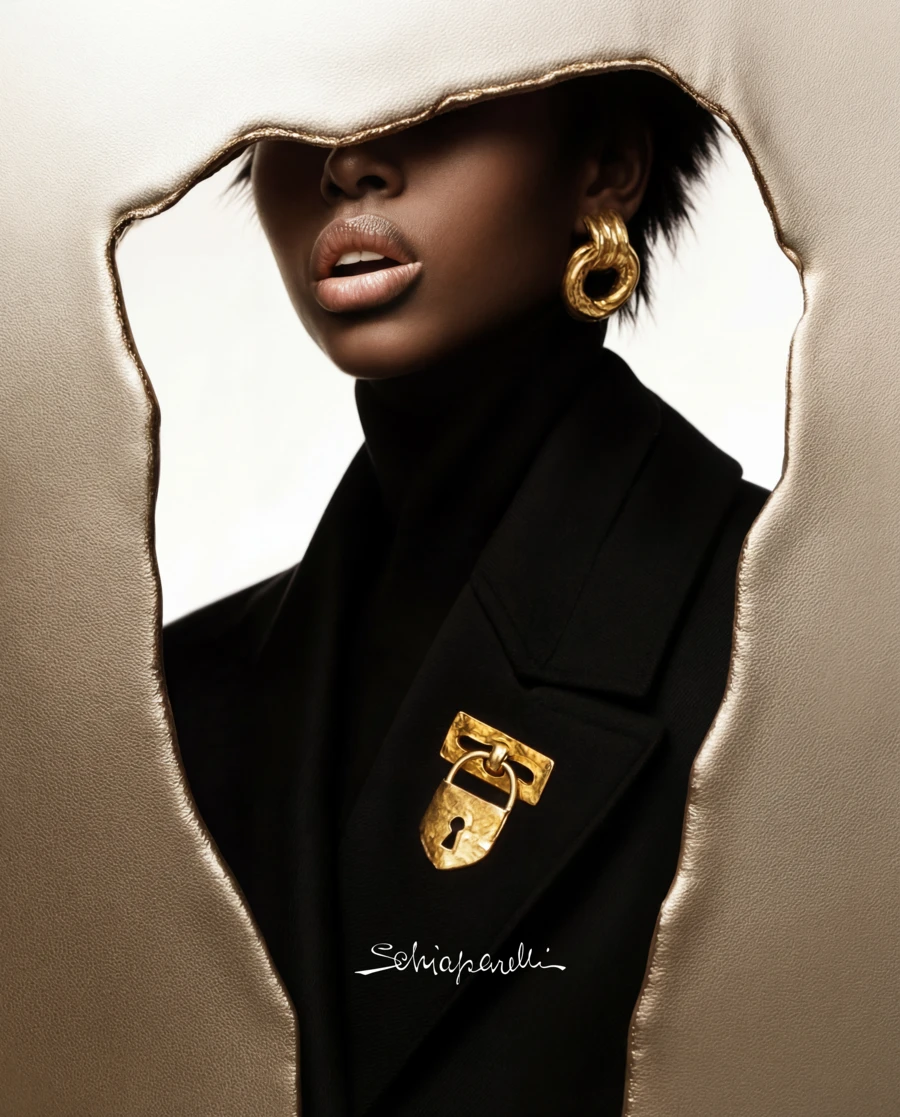 Portrait of woman in black leather jacket with gold pendant and earrings — AI jewelry advertising photography by SQUAD, Detroit AI Production House