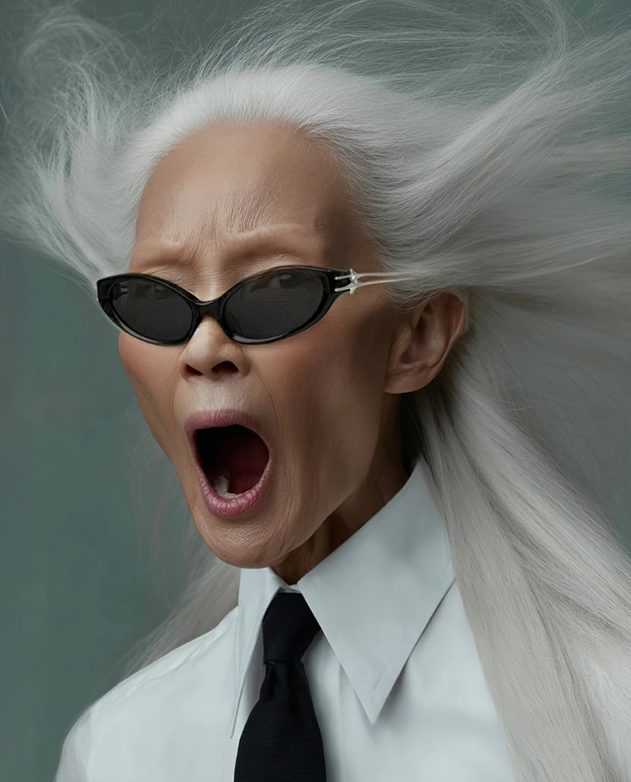 Elderly woman with wild white hair and sunglasses, mouth open, Gentle Monster eyewear — AI advertising photography by SQUAD, Detroit AI Production House