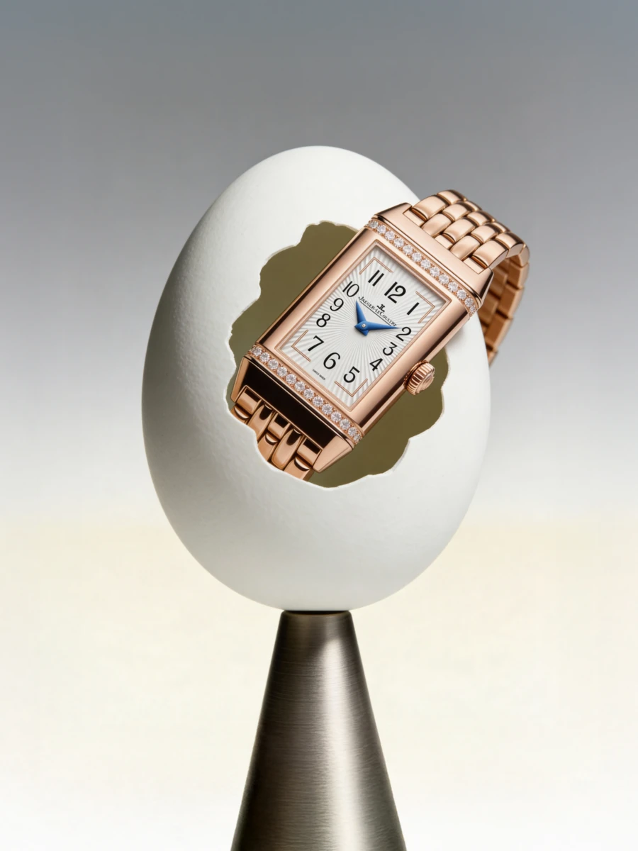 Wristwatch balanced on a cracked egg with pastel props — AI jewelry advertising photography by SQUAD, Detroit AI Production House