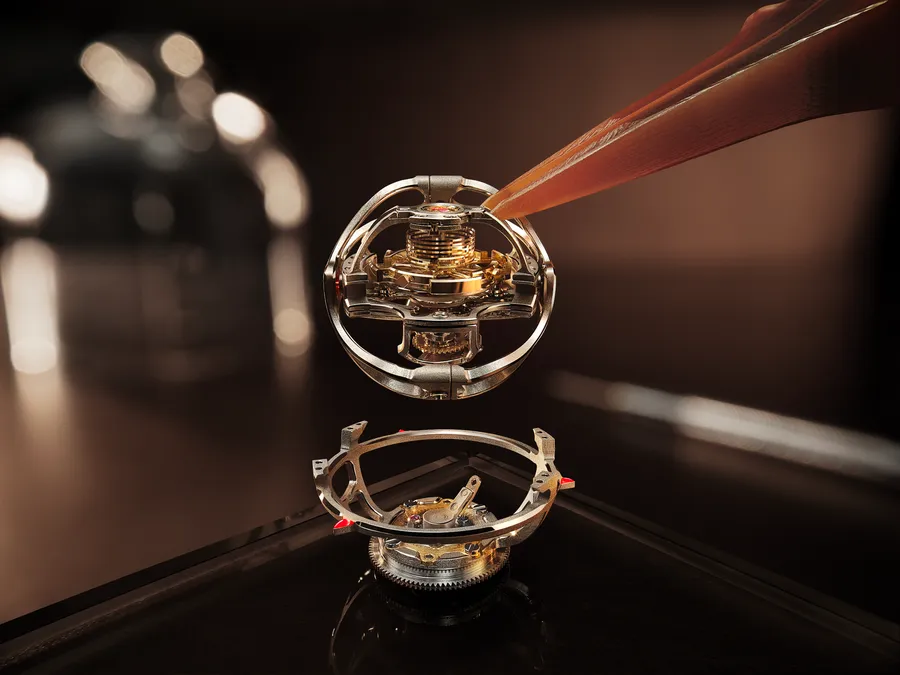 Close-up of a tourbillon watch mechanism being assembled with tweezers — 3d product visualization by Detroit AI Production House, image generation & art direction by Pierrick Jégou