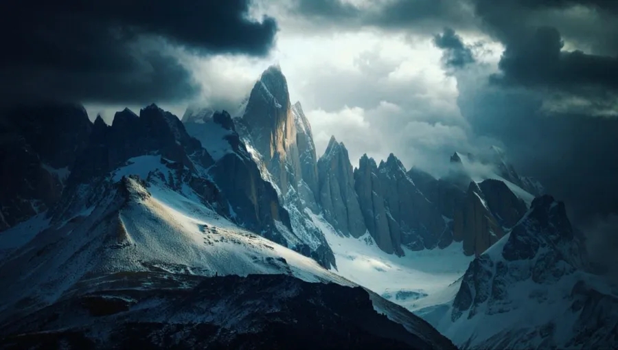 Snow-capped mountain peaks under a stormy sky — virtual production studio Detroit, image generation & art direction by Pierrick Jégou