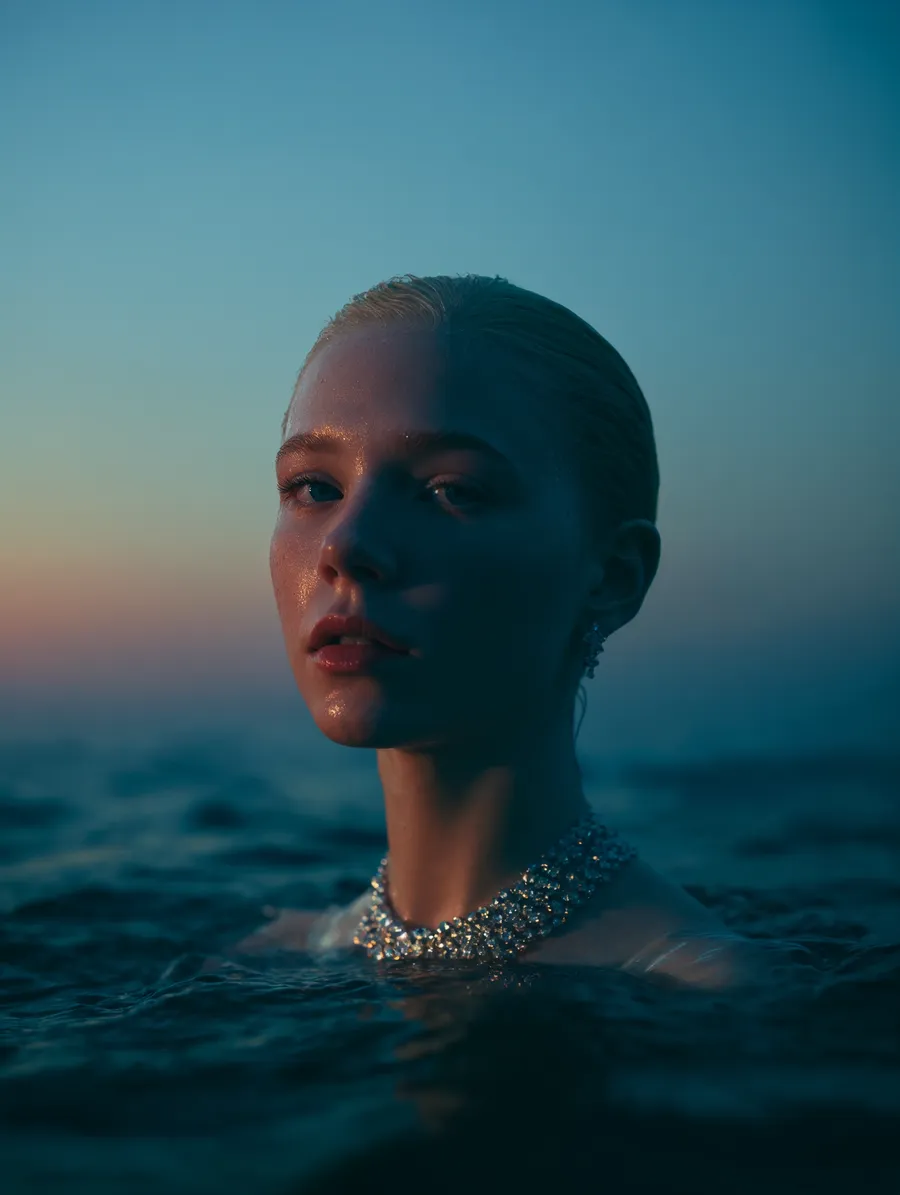 Portrait of a bald figure partially submerged in water at sunset — ai advertising agency Detroit, image generation & art direction by Pierrick Jégou