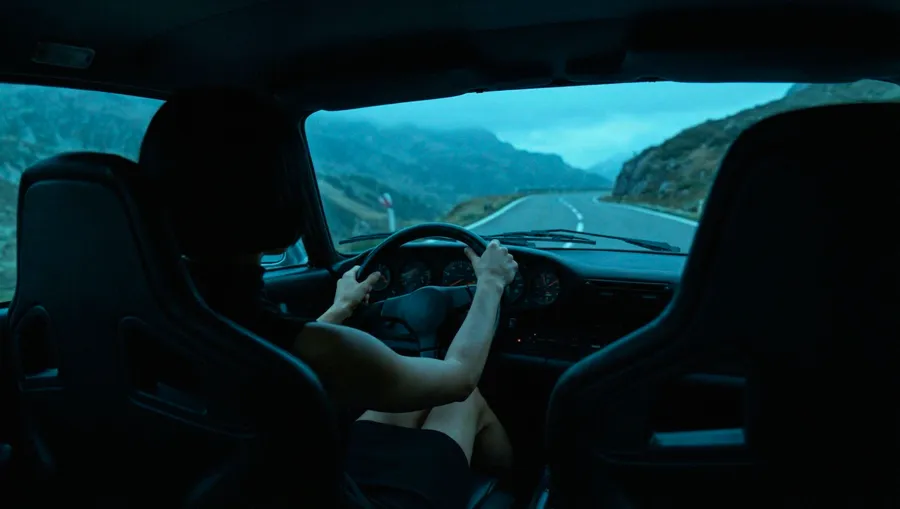 Interior car dashboard view at night on a mountain road — ai video production by Detroit AI Production House, image generation & art direction by Pierrick Jégou