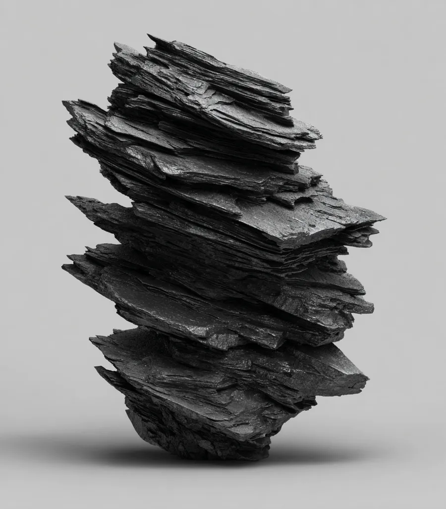 Abstract stacked black rock sculpture on a white background — 3d product visualization by Detroit AI Production House, image generation & art direction by Pierrick Jégou