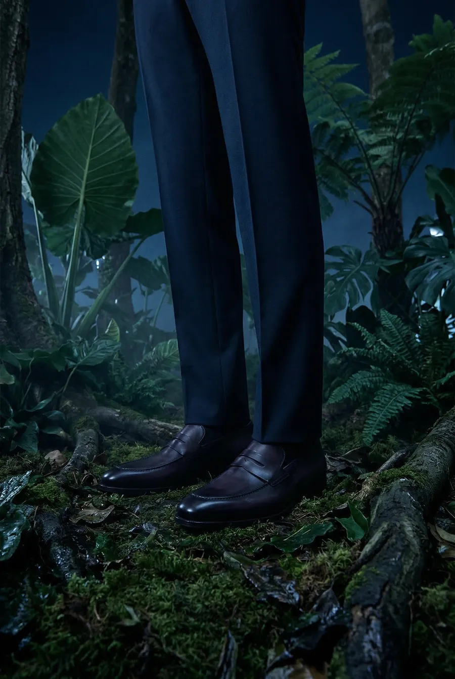 Legs standing in a foggy, lit forest at night — virtual production studio Detroit, image generation & art direction by Pierrick Jégou