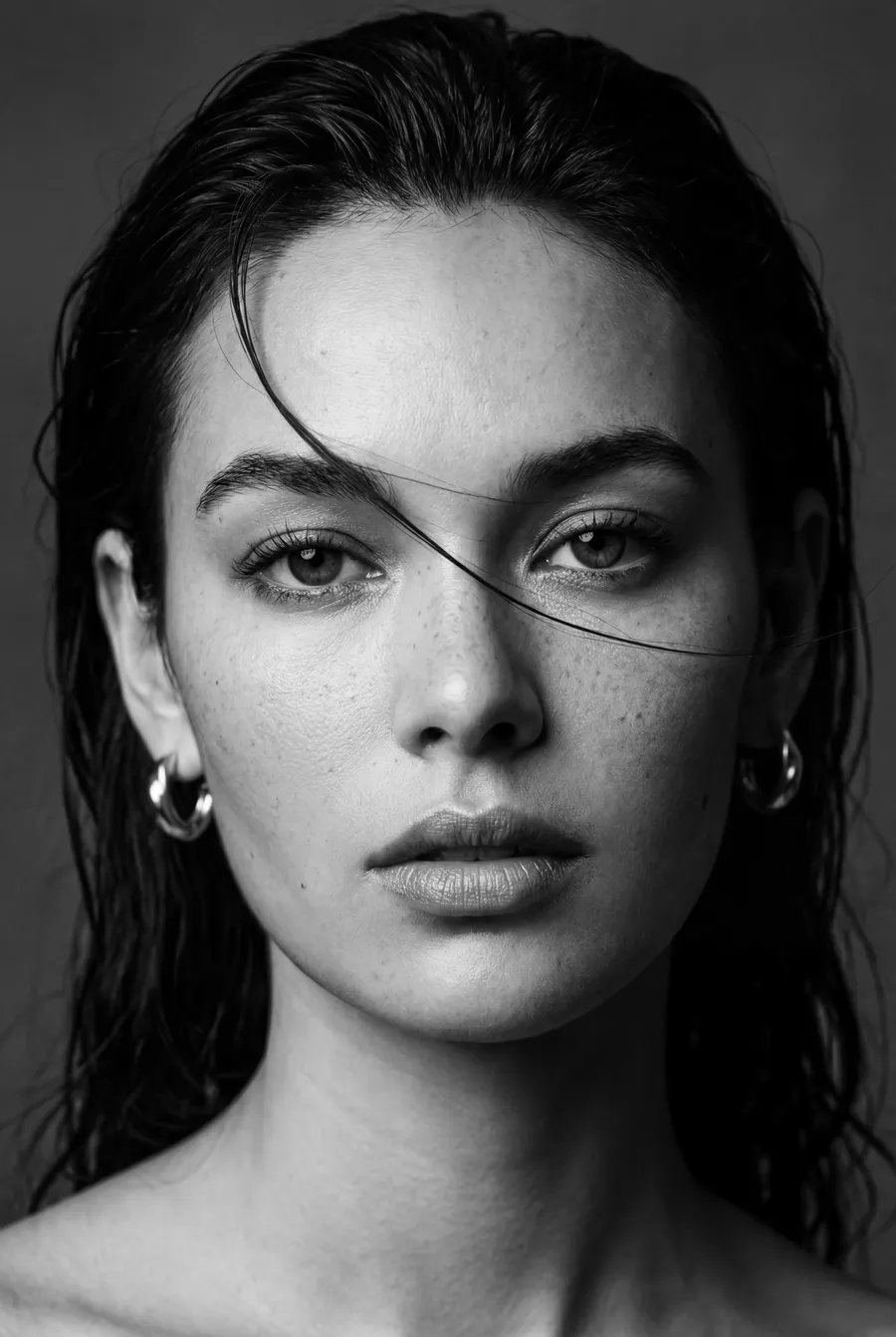 Black-and-white portrait of a woman with wet hair — ai advertising agency Detroit, image generation & art direction by Pierrick Jégou
