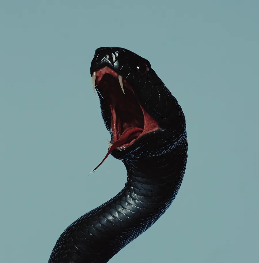 Black snake with mouth open against a teal background — 3d product animation by Detroit AI Production House, image generation & art direction by Pierrick Jégou