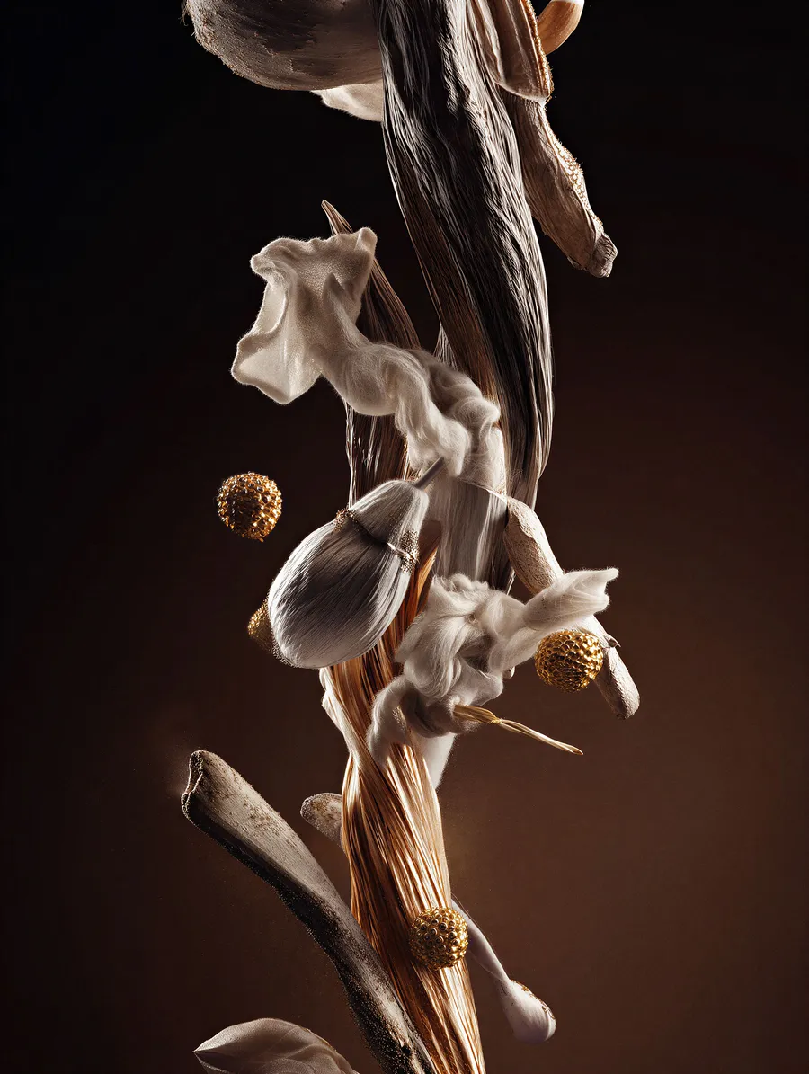 Delicate dried flower branch falling against a dark background — 3d product visualization by Detroit AI Production House, image generation & art direction by Pierrick Jégou