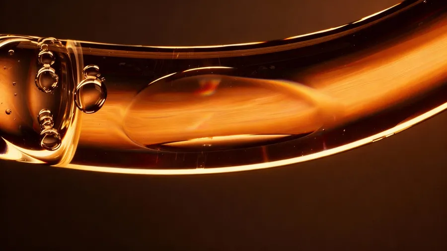 Close-up of amber liquid in a glass bottle neck, warm lighting — 3d product visualization by Detroit AI Production House, image generation & art direction by Pierrick Jégou