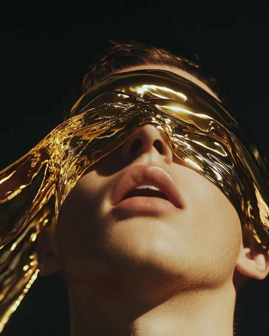 Person's face covered by gold foil fabric, eyes closed — ai advertising agency Detroit, image generation & art direction by Pierrick Jégou