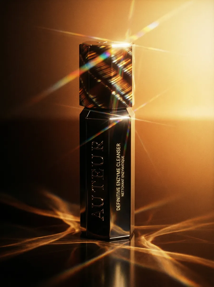 Perfume bottle backlit with golden light rays — 3d product visualization by Detroit AI Production House, image generation & art direction by Pierrick Jégou