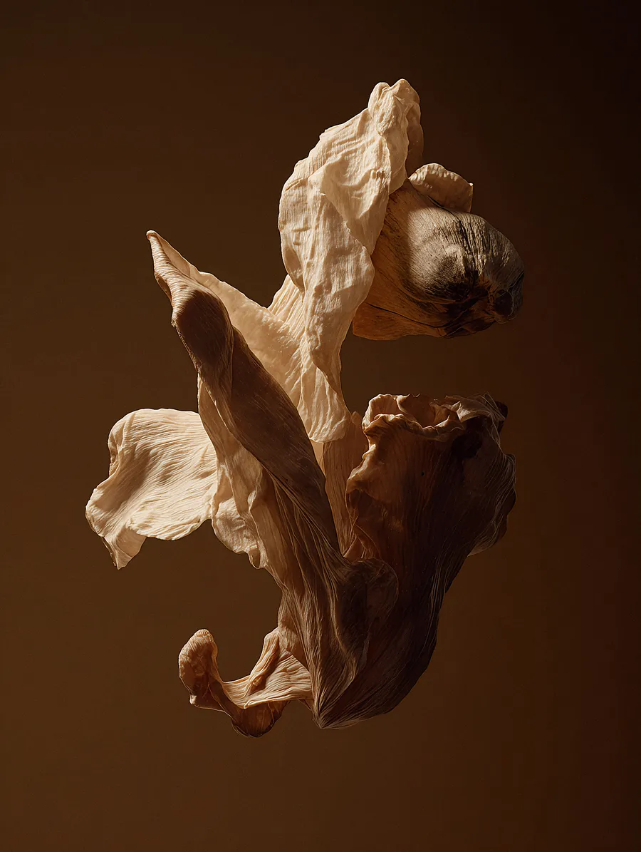Draped silk fabric folds forming an abstract organic shape against a warm brown backdrop — ai video production by Detroit AI Production House, image generation & art direction by Pierrick Jégou