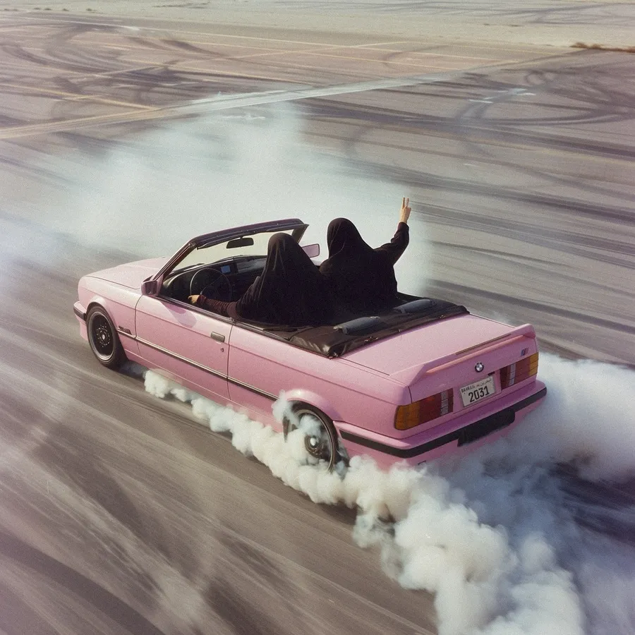 Pink BMW convertible drifting with smoke, two veiled passengers cheering — ai video production by Detroit AI Production House, image generation & art direction by SARD