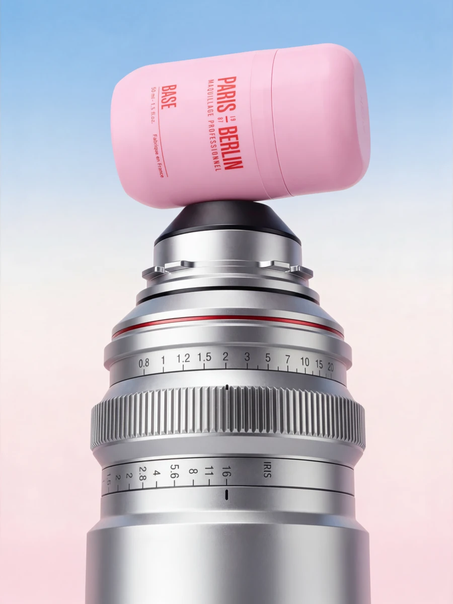 Paris Berlin foundation bottle balanced on a vintage camera lens, print campaign — 3d product visualization by Detroit AI Production House, photography & art direction by SQUAD