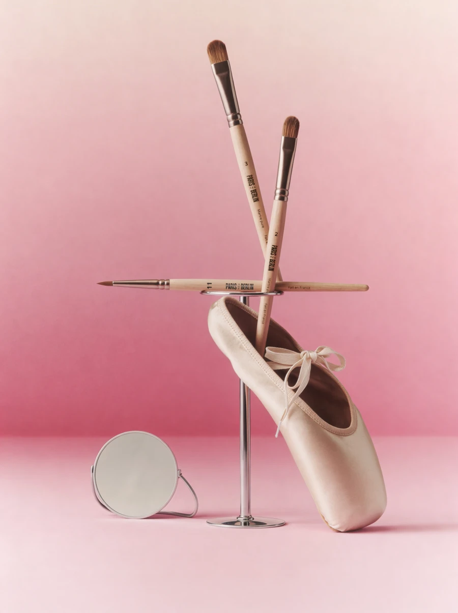 Paris Berlin makeup brushes and mirror styled with a ballet pointe shoe, print campaign — 3d product visualization by Detroit AI Production House, photography & art direction by SQUAD