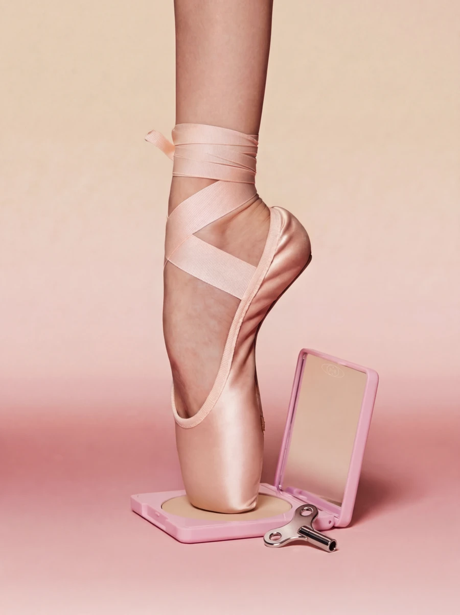 Paris Berlin compact mirror and wind-up key beside a ballet pointe shoe, print campaign — virtual production studio Detroit, photography & art direction by SQUAD