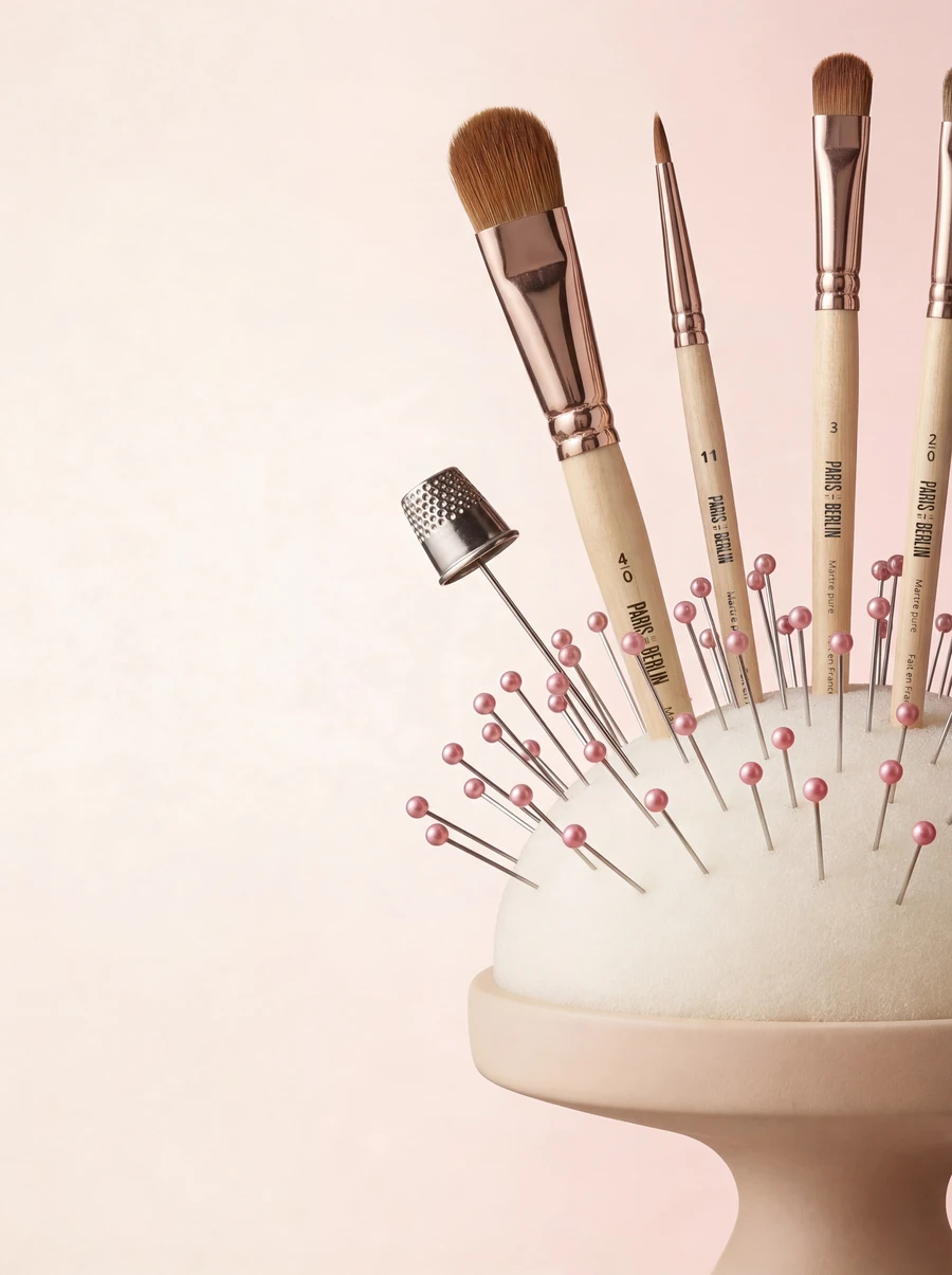 Paris Berlin makeup brushes and pins arranged on a pincushion, print campaign — 3d product animation by Detroit AI Production House, photography & art direction by SQUAD