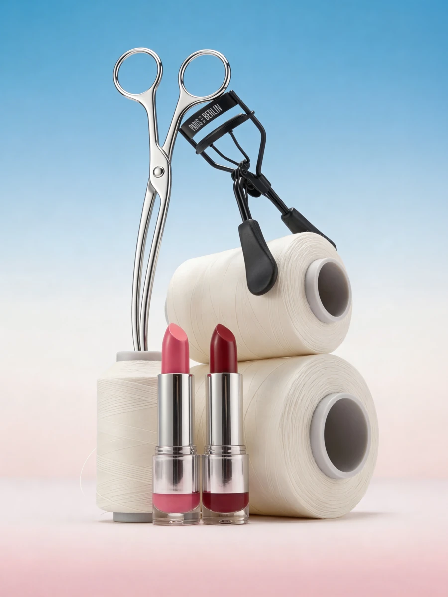Paris Berlin lipsticks styled with an eyelash curler and thread spools, print campaign — ai advertising agency Detroit, photography & art direction by SQUAD