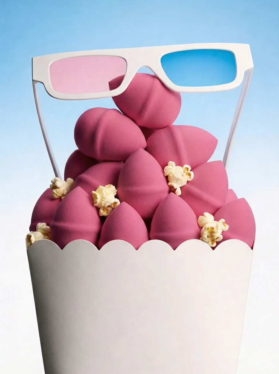 Paris Berlin pink beauty sponges styled as popcorn in a bucket with 3D glasses, print campaign — 3d product animation by Detroit AI Production House, photography & art direction by SQUAD