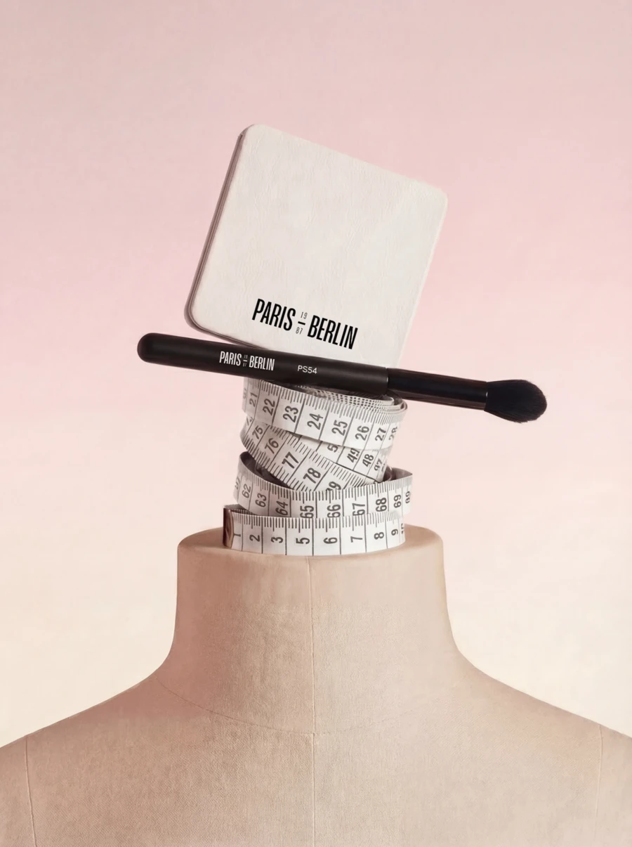 Paris Berlin compact and brush balanced on a tailor's measuring tape around a mannequin neck, print campaign — ai advertising agency Detroit, photography & art direction by SQUAD