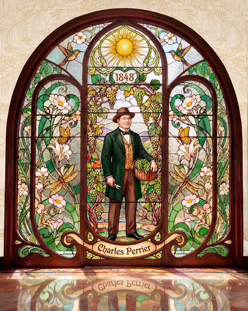 Ornate stained-glass Art Nouveau window depicting Charles Perrier among vines, butterflies and hummingbirds, Perrier-Jouët Heritage campaign — cgi studio Detroit, photography & art direction by Arnaud