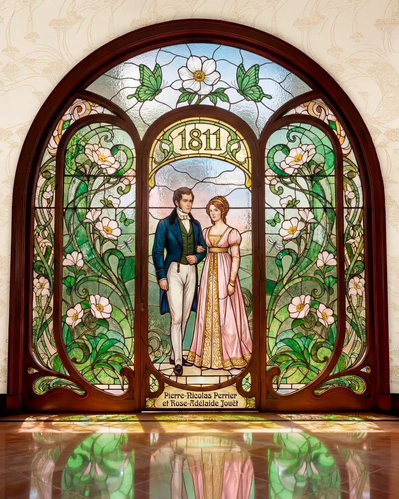 Stained-glass Art Nouveau portrait of Pierre-Nicolas Perrier and Rose-Adélaïde Jouët dated 1811, framed by anemones and butterflies, Perrier-Jouët Heritage campaign — cgi advertising by Detroit AI Production House, photography & art direction by Arnaud