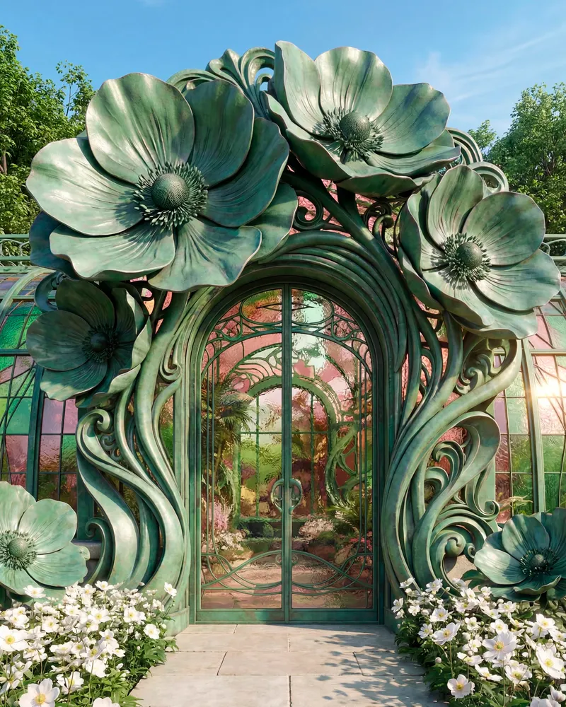 Sculptural bronze-green Art Nouveau anemone archway framing a greenhouse entrance, Perrier-Jouët Heritage campaign — virtual production studio Detroit, photography & art direction by Arnaud
