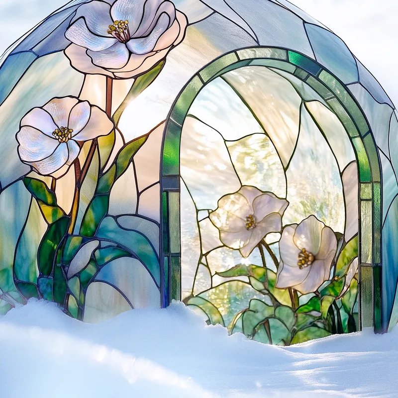 Stained-glass Art Nouveau greenhouse dome with anemone motifs emerging from snow, Perrier-Jouët Winter campaign — cgi advertising by Detroit AI Production House, photography & art direction by Arnaud