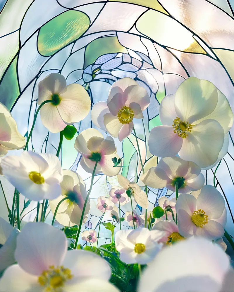 Close-up view through a stained-glass dome interior surrounded by blooming white anemones, Perrier-Jouët Winter campaign — 3d product animation by Detroit AI Production House, photography & art direction by Arnaud