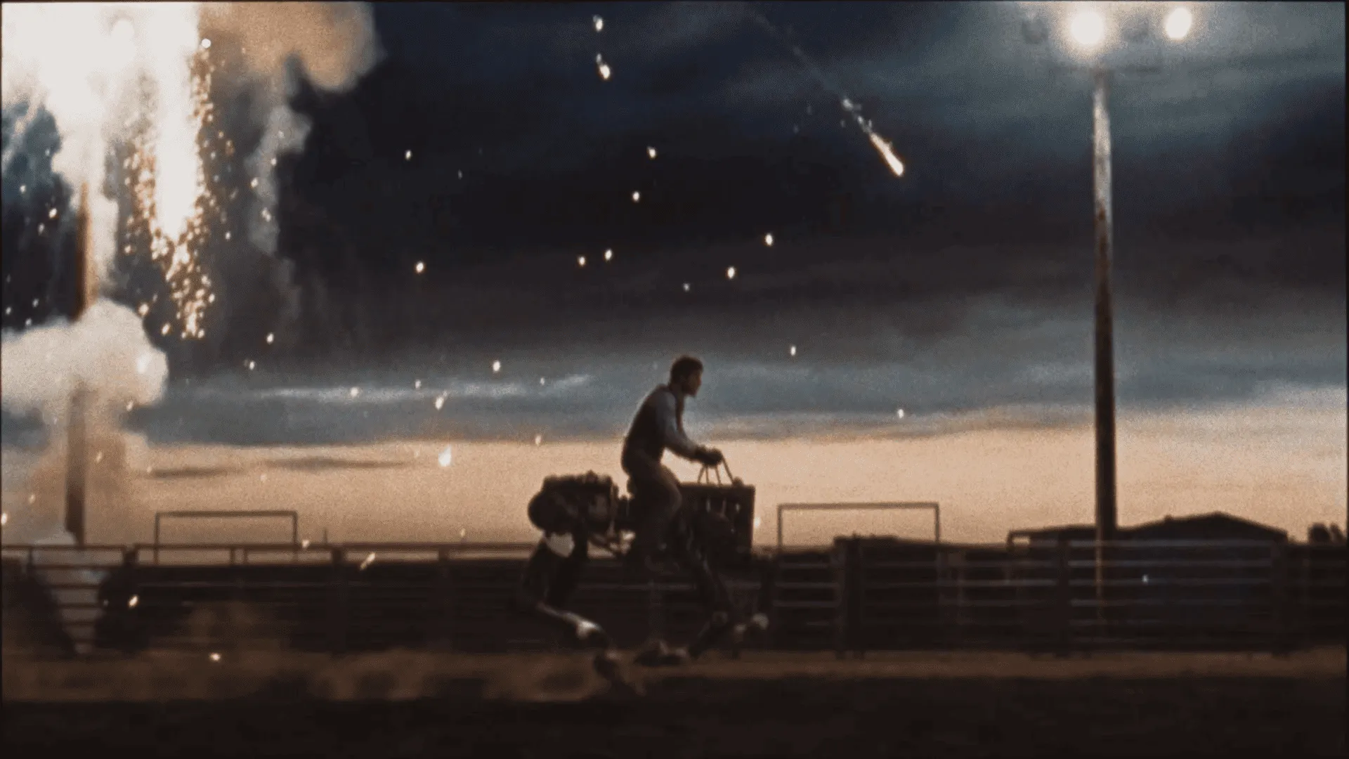 Cowboy riding a mechanical bull past fireworks exploding against a dusk sky — cgi advertising by Detroit AI Production House, DOMA manifesto film