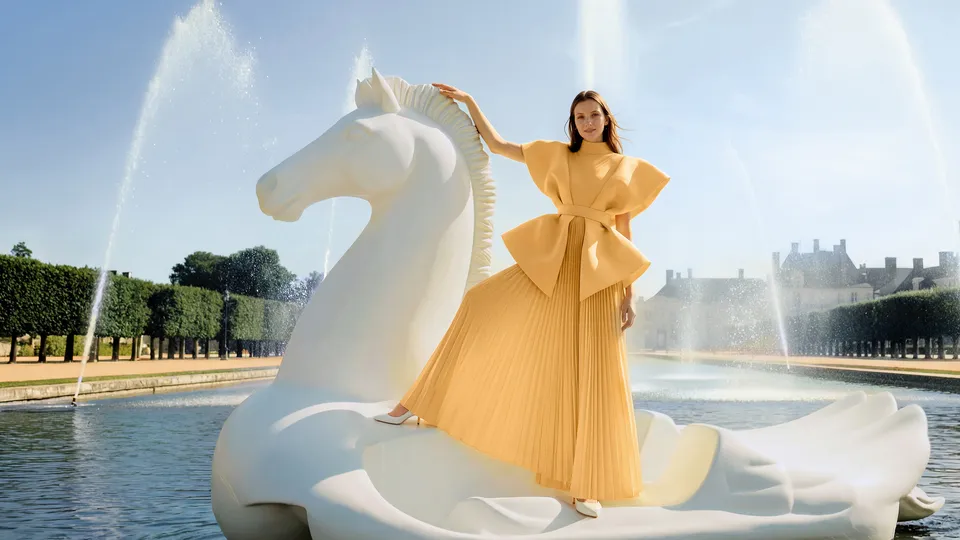 Woman in golden pleated gown poised on a giant white horse fountain sculpture for Parfums de Marly — luxury video production Detroit, photography & DA by Alex
