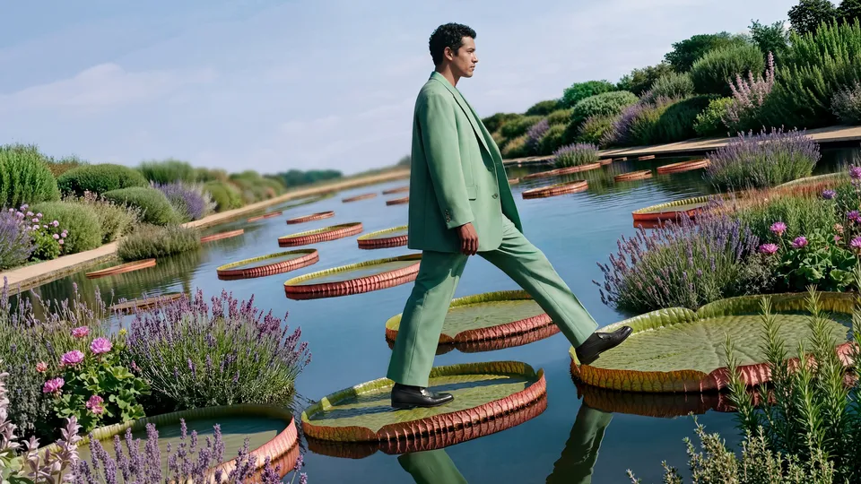 	Man in sage-green suit crossing giant lily pads on a garden lake for Parfums de Marly — luxury video production Detroit, photography & DA by Alex
