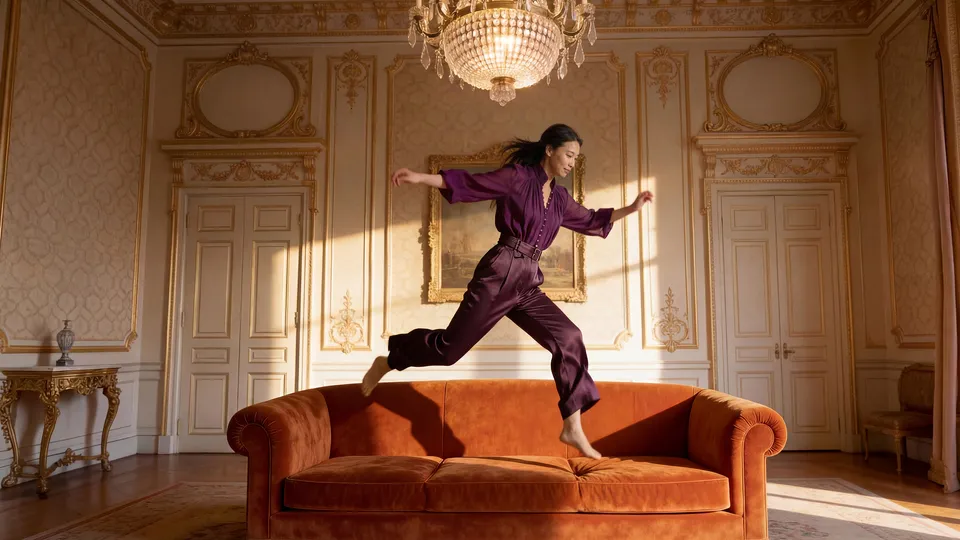 Woman leaping across a velvet sofa in a gilded Parfums de Marly salon beneath a chandelier — ai video production Detroit, photography & DA by Alex