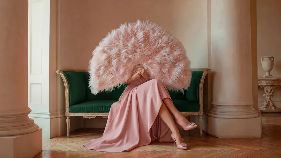 Woman in a blush gown hidden behind an oversized pink feather fan, Parfums de Marly interior scene — ai advertising agency Detroit, photography & DA by Alex