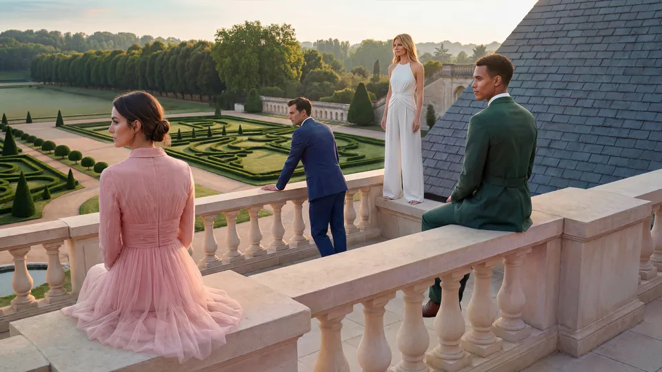 Four Parfums de Marly models on a balcony overlooking formal gardens at dawn — ai film production Detroit, photography & DA by Alex