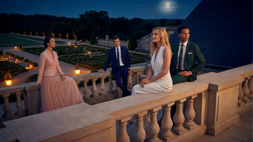 Same balcony scene under moonlight, four Parfums de Marly models beside lit garden lanterns — ai video production Detroit, photography & DA by Alex