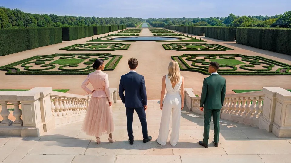 Four Parfums de Marly models viewed from behind atop garden steps overlooking a boxwood parterre — virtual production studio Detroit, photography & DA by Alex