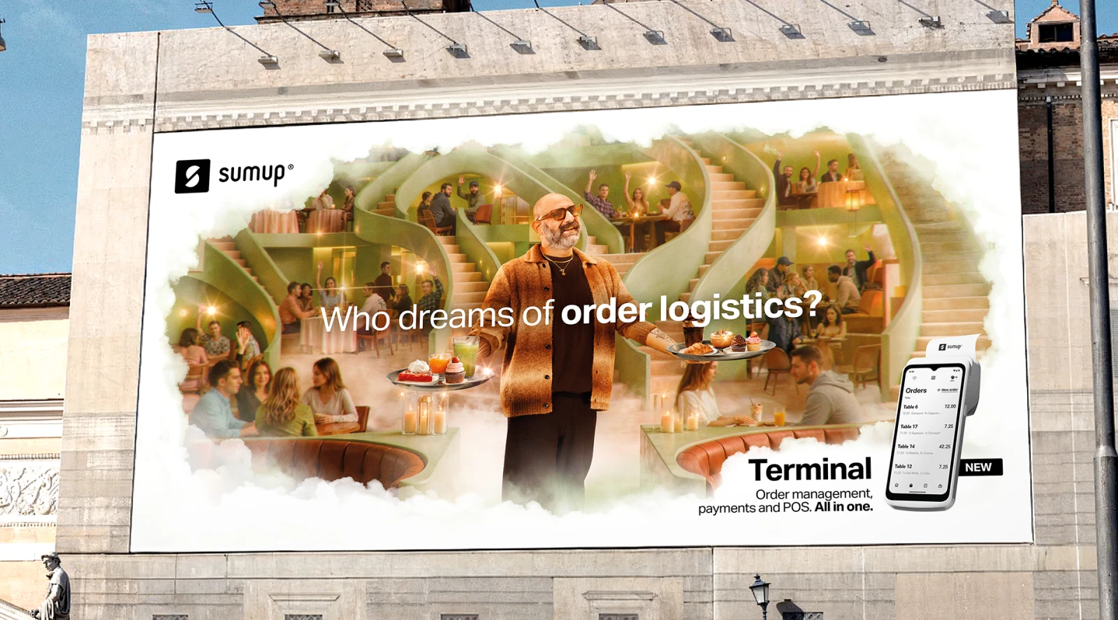 SumUp Terminal OOH billboard on a Rome building showing the staircase café dream scene and tagline "Who dreams of order logistics?" — 3d product visualization Detroit, photography & art direction by Pierrick Jégou