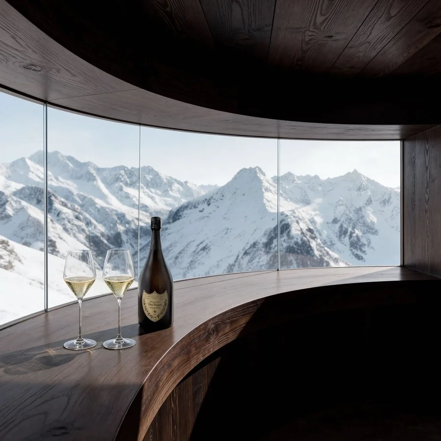 Dom Pérignon bottle and two glasses on a curved wooden chalet ledge framing a panoramic alpine mountain view — ai advertising agency Detroit, photography & art direction by Pierrick Jégou