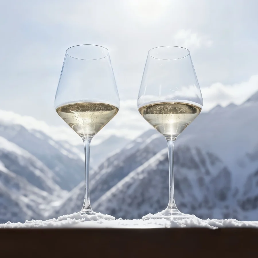 Two Dom Pérignon champagne glasses catching sunlight against a blurred backdrop of jagged snow-capped mountains — 3d product animation Detroit, photography & art direction by Pierrick Jégou