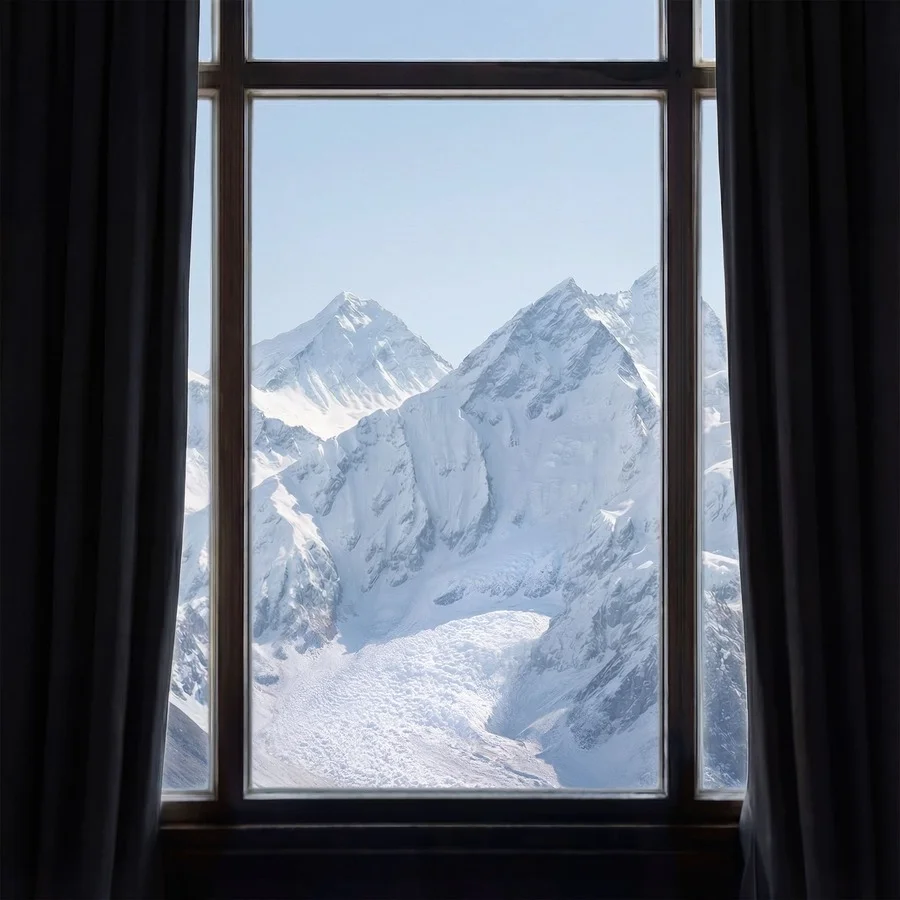 Dark curtains framing a window view of jagged snow-covered mountains and a glacier valley, Dom Pérignon Winter — ai video production Detroit, photography & art direction by Pierrick Jégou